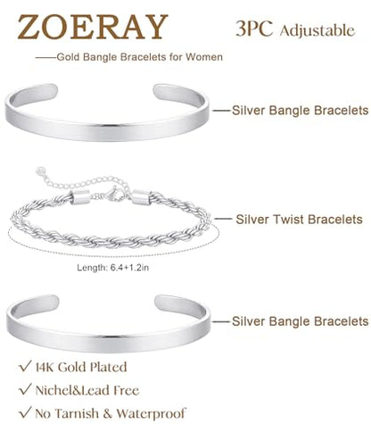 ZOERAY Silver Gold Bangle Bracelets for Women Non Tarnish 14k Gold Plated Stackable Cuff Bracelets for Women Trendy Cubic Zirconia Stainless Steel Chunky Bracelet Stack Set Waterproof Jewelry Gifts - color: C.Rope-Silver