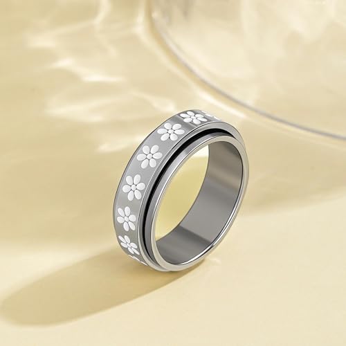 Fidget Anxiety Rings for Women 14K Gold Silver Plated Spinner Band Ring 8mm Thick Stainless Steel Statement Rings Jewelry Gifts Size 6-10 - color: Silver-Flower