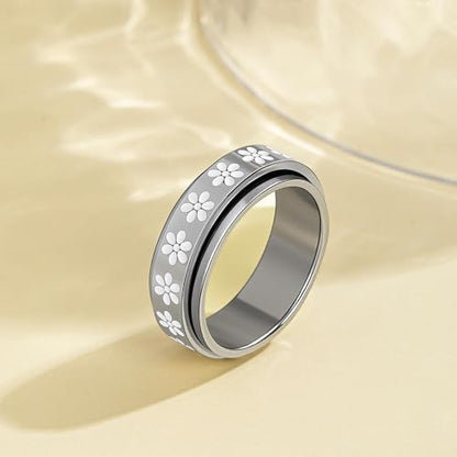 Fidget Anxiety Rings for Women 14K Gold Silver Plated Spinner Band Ring 8mm Thick Stainless Steel Statement Rings Jewelry Gifts Size 6-10 - color: Silver-Flower