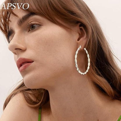 Apsvo Hoop Earrings for Women, 5mm Wide 14K Gold Plated/Silver Hoop Earring Hypoallergenic 925 Sterling Silver Earrings Lightweight Large Earrings for Women - color: Silver Twist-30mm