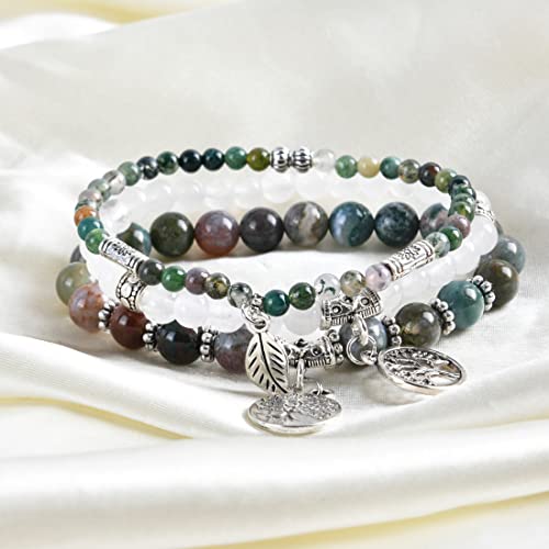 YGLINE Tree of Life Yoga Healing Stone Bracelets,Multilayer Lotus Chakra Stone Reiki Bracelet Sets,Anxiety Crystal Natural Stone,for Women Stress Relief - color: agate＆white marble-3w