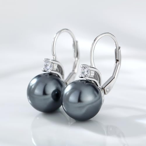 925 Sterling Silver Pearl Leverback Earrings for Women Cubic Zirconia Pearl Jewelry 10MM - color: A: Leverback-Dark Gray