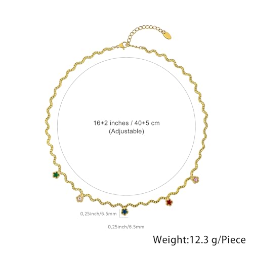 Hipunk Women Gold Plated Stainless Steel Wave Rope Chain Collar Necklace with Colorful Zirconia Flower Heart Charms Choker, Adjustable 16+2 Inch - color: flower