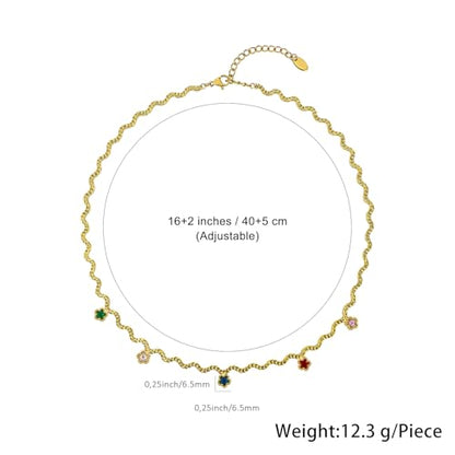 Hipunk Women Gold Plated Stainless Steel Wave Rope Chain Collar Necklace with Colorful Zirconia Flower Heart Charms Choker, Adjustable 16+2 Inch - color: flower