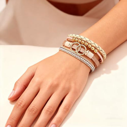 Leather Wrap Bracelets for Women, Boho Leopard Multi-Layer Crystal Beads Cuff Jewelry - color: J-Warp-008