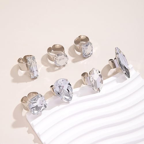 Chunky 7Pcs Silver Crystal Knuckle Rings Set Geometric Rhinestone Waterdrop Open Rings Stackable CZ Circle Square Finger Rings Jewelry Set for Women - color: 7Pcs Crystal