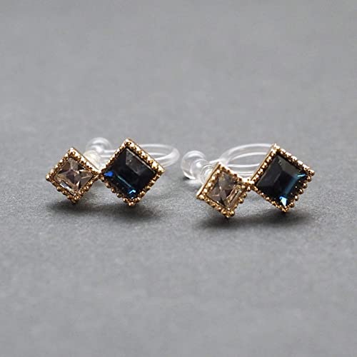 Star Clear Austrian Crystal Invisible Clip On Stud Earrings Blue Light Orange Purple Silver Square Rhinestone Screw Back Gold Dangle Clip Earrings - color: Navy Blue Gold