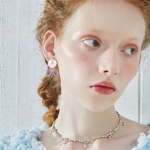 MALOYANVE 4PCS Bow Necklace Earrings Bracelet Ring Set for Women Elegant Bowknot - Adorned Pearl Jewelry Silk Ribbon Necklace Bracelet and Earrings for Christmas - style: Purple Bow