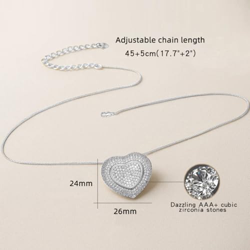 Chuncky Cz Pave Heart Pendant Necklace for Women, Silver | Sparkling Full Pavé Rhinestone, Love Gift for Mom Girlfriend, Floating Heart Necklace, Elegant Chunky Jewelry
