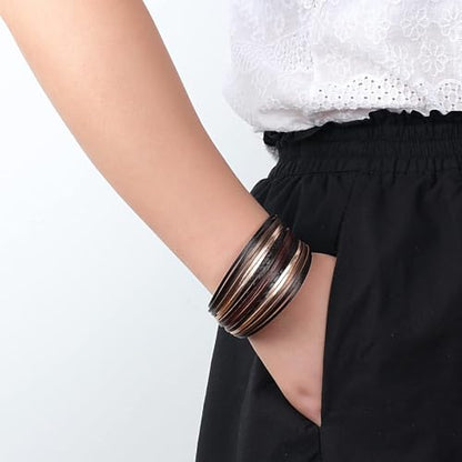 Fesciory Leather Wrap Bracelets for Women, Boho Western Layered Jewelry | Layered leather cuff bracelets, Easy on and off, Boho western style, Daily wear, Gift for women - color: Black 8