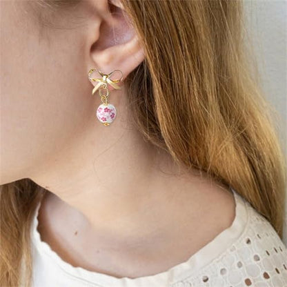 3PCS Bow Beaded Jewelry Set for Women Vintage Handmade Flower Blue And White Porcelain Enamel Ribbon Necklace Bracelet and Earrings Bow Christmas Birthday Holiday Charm Romantic Jewelry Gifts - style: Pink