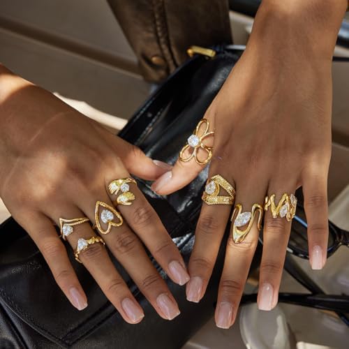 Gold-Plated Butterfly Ring with Dangling Chains and Cubic Zirconia, Adjustable Statement Ring,Cocktail Party Minimalist Ring for Women - style: Style E