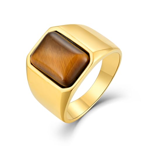 Men's Tiger Eye Square Signet Ring Stainless Steel Thumb Rings with Natural Stone for Men Jewelry Gift for Him, Size 7-12 - color: 01,Gold-tiger eye