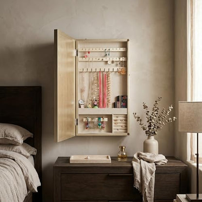 Hives & Honey Jamie Wall Mounted Jewelry Mirror Cabinet, Champagne – Hidden Jewelry Organizer with Earring Hooks, Necklace Hooks, Ring Rolls & Anti-Tarnish Lining - color: Champagne