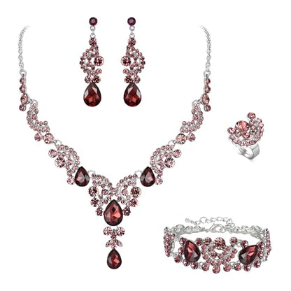 EVER FAITH Rhinestone Crystal Bridal Floral Wave Teardrop Necklace Earrings Set - color: 4pcs_Purple