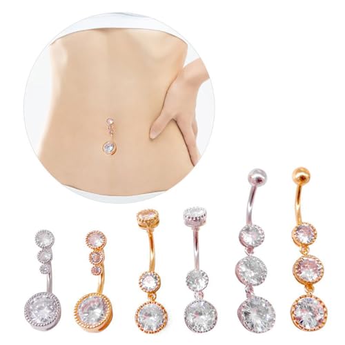 3Pcs 14G Stainless Steel Dangle Belly Button Rings Cubic Zirconia Heart Star Round Belly Navel Barbell Rings Belly Piercing Jewelry for Women - style: Gold Round