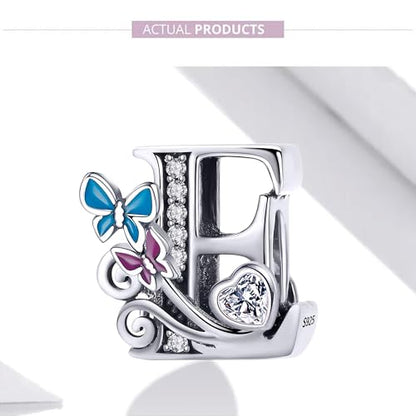S925 Silver Butterfly Initial Letter Charms Fit for Pandora Charms Bracelets and Necklace Alphabet Bead Charms Jewelry Gifts for Women - color: E