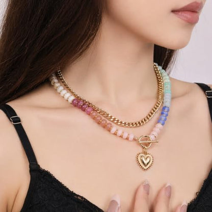 Colorful Beaded Necklace For Women, Boho Double Layered Chunky Gold Cuban Chain Rainbow Beads Heart Pendant Y2K Statement Choker Summer Beach Jewelry Gift - color: Layered-colorful