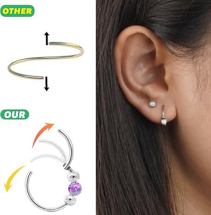 2PCS 18G Opal Cartilage Hoop Earrings, Hypoallergenic Silver Huggie Hoops | 316L Surgical Stainless Steel, 8mm 10mm sizes, hinged closure for easy wear, helix, tragus, conch, nose and daily styling - style: 1Pc8mm+1Pc10mm White Opal/Silver