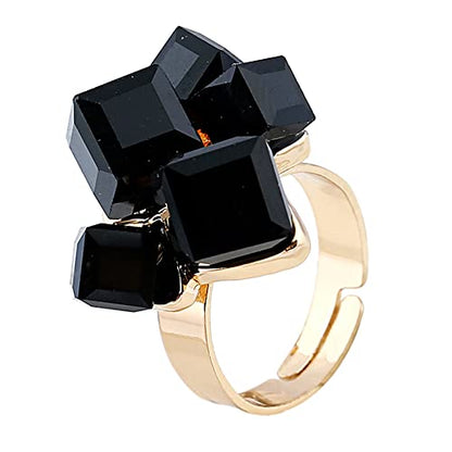 Hebelee Boho Square Crystal Statement Ring for Women Adjustable | Gold-Toned Expandable Promise Engagement Geometric Rings Comfort Fit Elegant Art Deco Christmas Cocktail Y2K Jewelry - color: Black