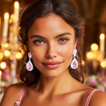 Unicra Silver Rhinestone Teardrop Earrings Crystal Wedding Bridal Dangle Earrings Prom Drop Earrings for Women and Brides - color: Pink