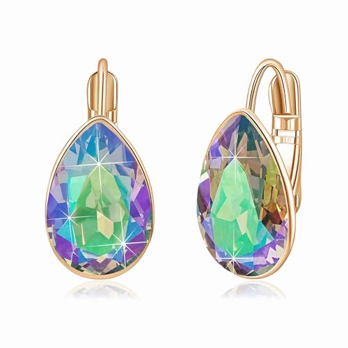 Austrian Crystal Teardrop Leverback Drop Earrings for Women | 14K Gold-Plated Finish, Sparkling Pear Stone, Smooth Bezel Frame, Secure Leverback Closure, Dainty Day-To-Evening Style - color: Rainbow