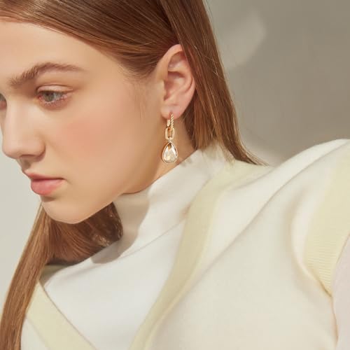 Crystals Teardrop Dangle Drop Earrings, 18K Gold Plated Hoop Earrings Zirconia Jewelry for Women Gifts - color: Champagne-Long