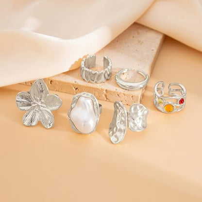 Chunky Rings for Women Stackable Vintage Adjustable Rings for Women Gold Statement Stone Ring Set Non Tarnish Vintage Jewelry - style: Silver 6