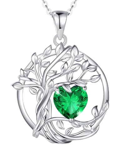FANCIME Tree of life Birthstone necklace Sterling Silver Pendant Birthstone Necklace Gemstone Anniversary Birthday Jewelry Mothers Day Gifts for Mom Her Wife - color: May-Emerald