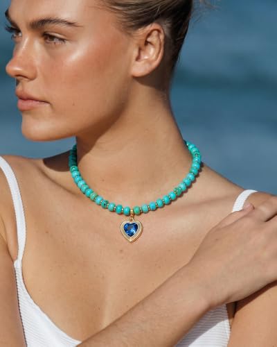 Boho Beaded Choker Necklaces for Women with A Gold Heart CZ - color: Turquoise