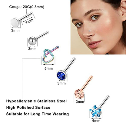 36-44 Pcs 18G 20G Nose Rings Studs Nose Rings for Women Nose Piercings Jewelry Surgical Stainless Steel Nose Studs Moon Star Heart Butterfly Hypoallergenic Body Piercing Jewelry for Women Men - color: 20G Colorful A-Straight- 44 Pcs
