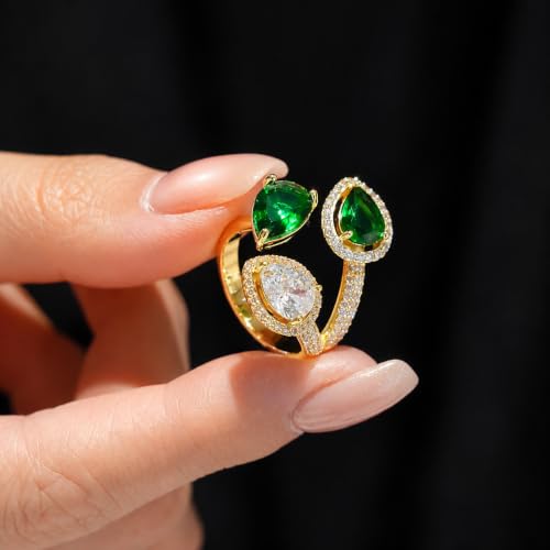 Aura & Irena 18K Gold Plated Pear-Shaped Cocktail Rings for Women, Non-Tarnish Adjustable Statement Ring with 3A Cubic Zirconia, Gift for Family Friend - color: Green