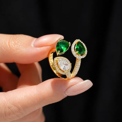 Aura & Irena 18K Gold Plated Pear-Shaped Cocktail Rings for Women, Non-Tarnish Adjustable Statement Ring with 3A Cubic Zirconia, Gift for Family Friend - color: Green