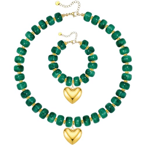 NEWITIN 2 Pieces Summer Beach Jewelry for Women Chunky Beaded Necklace Bracelet Trendy Big Resin Beaded Choker Boho Charm Statement Colorful Jewelry Set for Women - color: Green