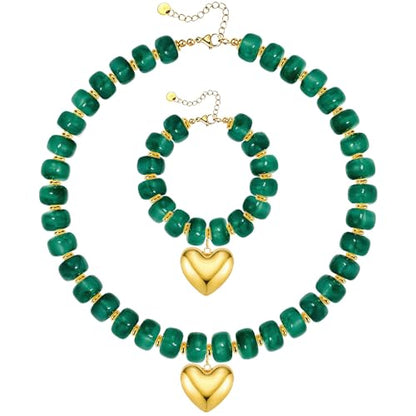 NEWITIN 2 Pieces Summer Beach Jewelry for Women Chunky Beaded Necklace Bracelet Trendy Big Resin Beaded Choker Boho Charm Statement Colorful Jewelry Set for Women - color: Green