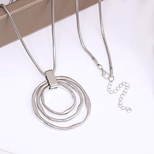 NVENF Long Sweater Chain Double Circle Pendant Necklace Bold Snake Chain Women Statement Necklace - color: D Silver triple