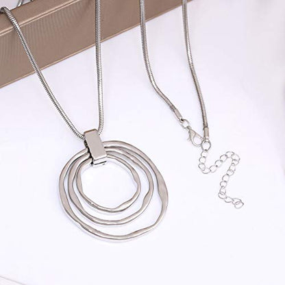 NVENF Long Sweater Chain Double Circle Pendant Necklace Bold Snake Chain Women Statement Necklace - color: D Silver triple
