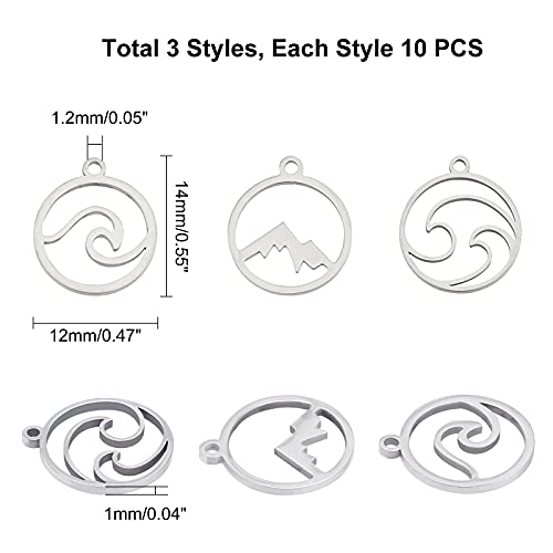 UNICRAFTALE Mountain Charms Flat Round with Mountain Dangle Pendants Stainless Steel Pendants Hypoallergenic Hollow Charms for Outdoor Lovers Hikers Skiers Climbers - style: Mountain/Wave/Cloud