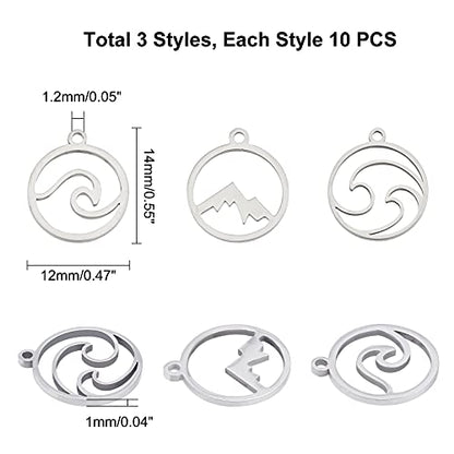 UNICRAFTALE Mountain Charms Flat Round with Mountain Dangle Pendants Stainless Steel Pendants Hypoallergenic Hollow Charms for Outdoor Lovers Hikers Skiers Climbers - style: Mountain/Wave/Cloud