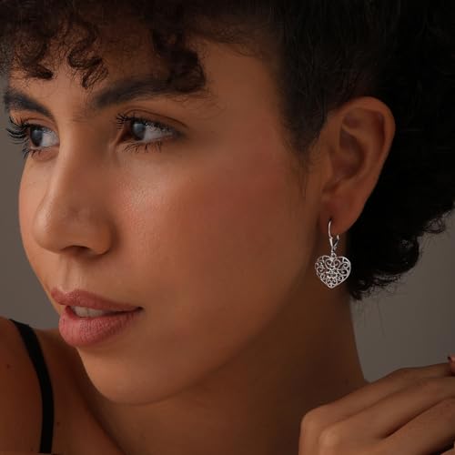 LeCalla 925 Sterling Silver Leverback Drop Earrings | Lightweight Italian Teardrop Dangle Earring for Women - color: Filigree Heart Drop