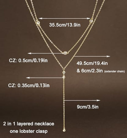 iF YOU Lariat Gold Long Necklaces for Women Trendy, Dainty 14K Gold Plated Drop Chain Necklace, Layered Rosary Beaded Y Necklaces Summer Beach Jewelry Gifts - color: Y layered CZ necklace-GLD