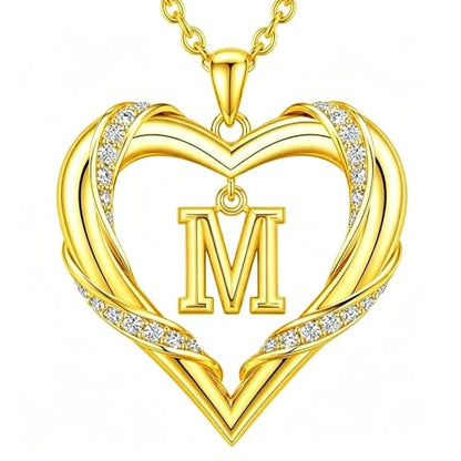 Midari 18K Gold Initial Letter Necklace for Women 18K Gold Initial Heart Capital Monogram Necklace for Mom Wife Alphabets from A-Z - color: M