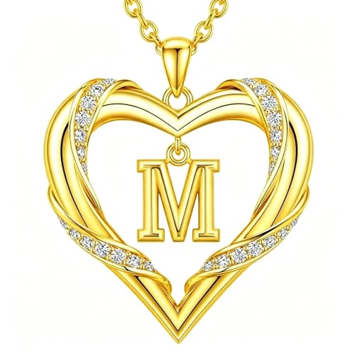 Midari 18K Gold Initial Letter Necklace for Women 18K Gold Initial Heart Capital Monogram Necklace for Mom Wife Alphabets from A-Z - color: M
