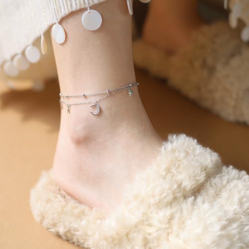 Layered Star and Moon Anklet for Women Waterproof Titanium Steel | Adjustable Gold/Silver Ankle Bracelet for Everyday Wear, Shower Safe Celestial Jewelry Gift, Dainty Summer Beach Foot Jewelry - color: Silver