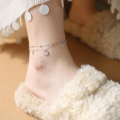 Layered Star and Moon Anklet for Women Waterproof Titanium Steel | Adjustable Gold/Silver Ankle Bracelet for Everyday Wear, Shower Safe Celestial Jewelry Gift, Dainty Summer Beach Foot Jewelry - color: Silver