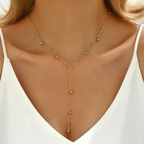 18K Gold Plated Minimalist Drop Y-Shaped Necklace for Women | Simple Lariat Necklace, Minimalist Everyday Jewelry,Y-Shaped Necklace - style: Y Bead Dangle-Gold