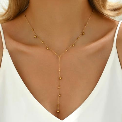 18K Gold Plated Minimalist Drop Y-Shaped Necklace for Women | Simple Lariat Necklace, Minimalist Everyday Jewelry,Y-Shaped Necklace - style: Y Bead Dangle-Gold