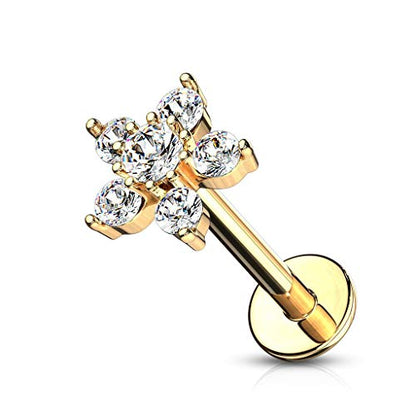 Forbidden Body Jewelry 16g 6-8mm Internally Threaded Surgical Steel Cartilage/Tragus/Labret/Monroe Stud w/Double Tier Floral Top - style: Clear (Gold)