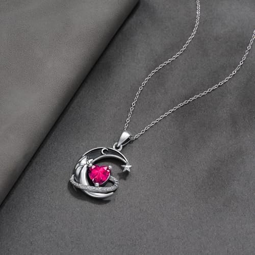 I Love You to the Moon and Back Necklace 925 Sterling Silver Black Crescent Moon Star Pendant with Heart Birthstone Necklace Anniversary Gothic Jewelry Gifts for Women Wife Lovers - color: 07-Jul-Ruby
