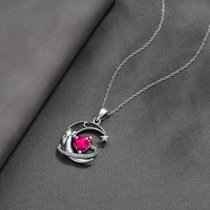 I Love You to the Moon and Back Necklace 925 Sterling Silver Black Crescent Moon Star Pendant with Heart Birthstone Necklace Anniversary Gothic Jewelry Gifts for Women Wife Lovers - color: 07-Jul-Ruby